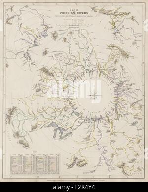 Fiumi del mondo. Lunghezze di confronto dei fiumi principali. Paesi SDUK 1844 mappa Foto Stock