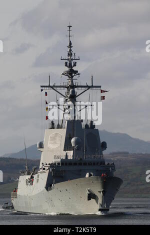 SPS Almirante Juan de Borbon (F102), un Alvaro de Bazan-class frigate azionato dalla marina spagnola, sul suo arrivo per esercitare congiuntamente il guerriero 19-1. Foto Stock