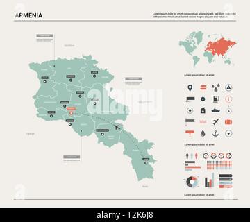 Mappa vettoriale dell'Armenia. Alta dettagliata mappa del paese con la divisione, la città e la capitale Yerevan. Mappa politico, mappa del mondo, elementi infografico. Illustrazione Vettoriale