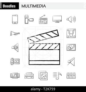 Multimedia disegnati a mano Icona per il Web, la stampa e Mobile UX/UI Kit. Come: mobile, cellulare, telefono, Hardware, Fotocamera, Video, immagine, filmato pittogramma Pack. - Illustrazione Vettoriale