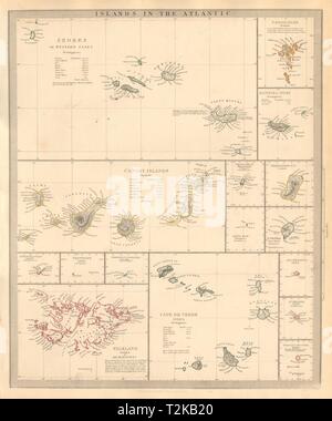 Isole atlantiche. Faer Øer Azzorre Madera Canarie Bermuda Falklands. SDUK 1846 mappa Foto Stock