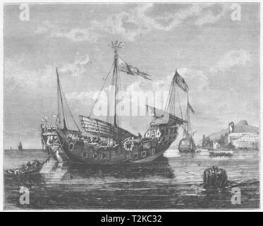 SINGAPORE. Visualizza off Singapore-Chinese junk giacente al di ancoraggio c1880 stampa vecchi Foto Stock