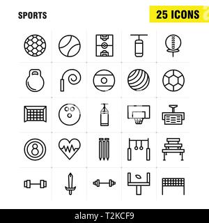 Linea sport Icon Pack per i progettisti e gli sviluppatori. Icone della palla, Golf, tee, Sport, cricket, ceppi, paletto, Sport, vettore Illustrazione Vettoriale