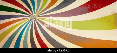 Retrò starburst sunburst o configurazione di sfondo con un vintage tavolozza colori di rosso borgogna arancione rosa teal blu e beige e bianco in una spirale o swirl Foto Stock