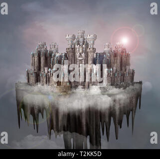 Incantato villaggio medievale di volare sopra le nuvole in una nebbiosa scenario Foto Stock