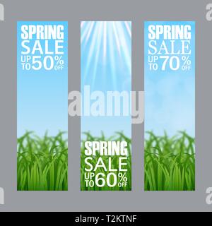 Set di molla di vettore di vendita banner verticale. Realistico erba verde. Modello vuoto, vettore mockup per il sito di banner, annunci pubblicitari, opuscoli, poster, flyer. Discou Illustrazione Vettoriale
