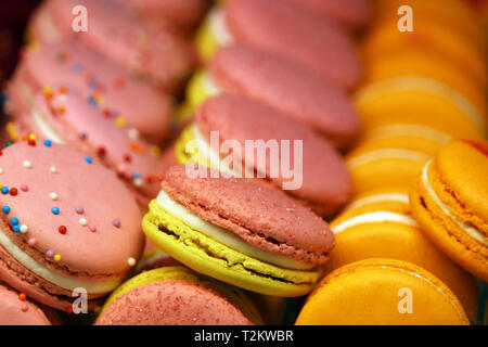 Amaretti in una fila e colorato sfondo dolce. Rosa, giallo e arancione biscotti di mandorle con riempimento, colori luminosi Foto Stock