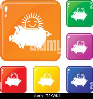 Sun piggybank set di icone di raccolta 6 del vettore isolato a colori su sfondo bianco Illustrazione Vettoriale