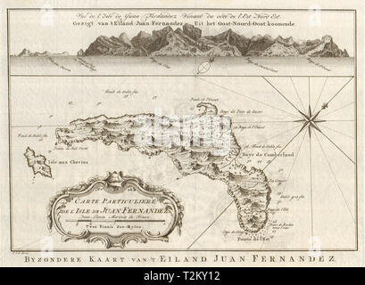 Isla isola di Robinson Crusoe, Juan Fernandez, Cile. BELLIN/SCHLEY 1757 mappa vecchia Foto Stock