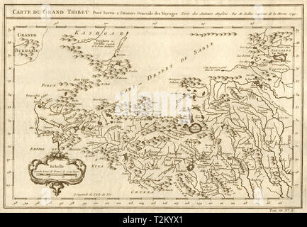 "Carte du Grand Thibet'. Il Tibet Qinghai Xinjiang, Cina. Ladakh. BELLIN 1749 mappa Foto Stock