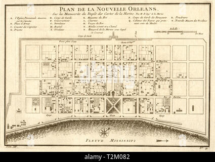 " Plan de la Nouvelle Orléans". Antica città piano di New Orleans. BELLIN 1757 mappa Foto Stock