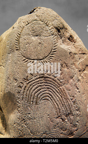 Petroglifi preistorici, incisioni rupestri, di disegni geometrici scolpiti dalla preistoria Camuni persone, Museo della Preistoria in Val Camonica, Italia Foto Stock