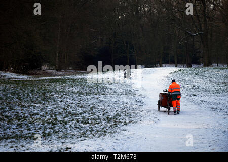 Un lavoratore comunale pulisce i contenitori di carta straccia in Bos Haagse Park Foto Stock