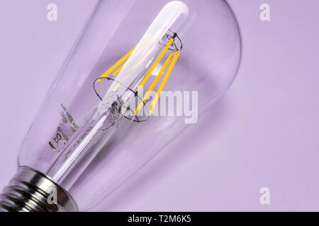 Close-up di un'annata elettrici a forma di lampadina a led con vetro e cavi su uno sfondo uniforme Foto Stock