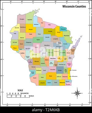 Stato del Wisconsin delineare politiche ed amministrative mappa vettoriale a colori Illustrazione Vettoriale