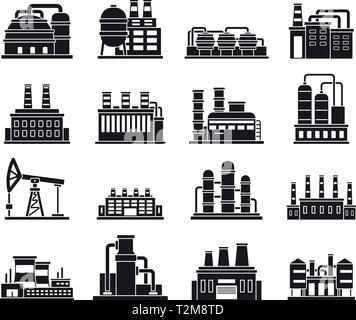 Set icone fabbrica impianti di raffineria, stile semplice Illustrazione Vettoriale