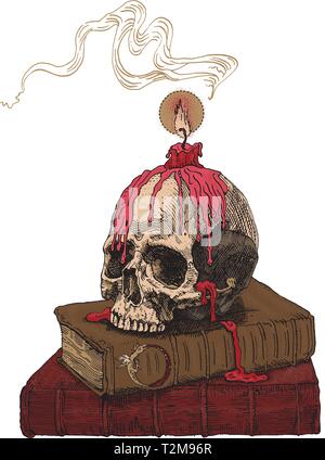Libri di magia, il cranio e la candela di cera, fiamme e fumo. Disegnata da incisione in stile medievale illustrazione. Fantasia, occultismo, alchimia, stregoneria, rituale, Illustrazione Vettoriale