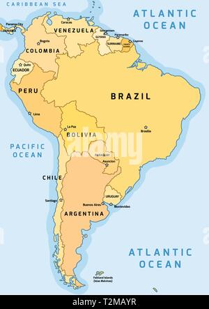 Sud America divisione politica mappa - illustrazione vettoriale. Illustrazione Vettoriale