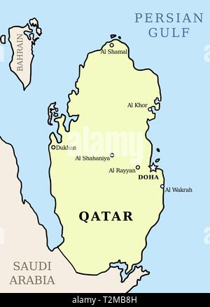 Mappa di Qatar. Profilo illustrazione mappa del paese con le principali città. Illustrazione Vettoriale