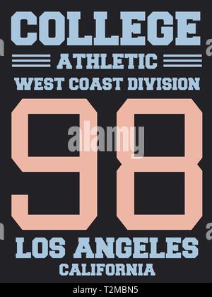 Jersey athletic design - collegio sport fashion tipografia. West Coast - Los Angeles, California. Illustrazione Vettoriale