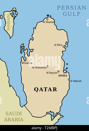 Mappa di Qatar. Profilo illustrazione mappa del paese con le principali città. Illustrazione Vettoriale