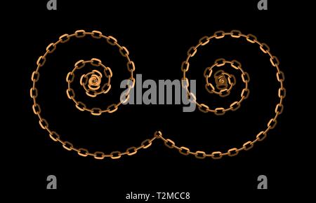 Lettera astratta di una linea curva cerchio di turbolenza a spirale o simbolo di infinito con catena in colore oro. Schermo piatto a colori e stile illustrazione vettoriale. Illustrazione Vettoriale