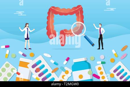 Colon umano digestivi salute medicina pillole capsula di farmaco di trattamento medico con analisi - illustrazione vettoriale Illustrazione Vettoriale