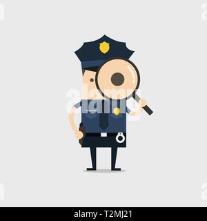 La polizia in possesso di una lente di ingrandimento. Funzionario di polizia e ispettore cartoon. Illustrazione Vettoriale