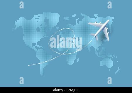 Piani sulla mappa del mondo. Le compagnie aeree vista dall'alto. Aeroplano che vola sopra la mappa del mondo. Illustrazione Vettoriale