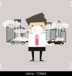 Imprenditore di indossare la maschera protettiva prima di andare a lavorare. La maschera antipolvere N95 evitare PM2,5,l'inquinamento atmosferico concetti. Illustrazione Vettoriale