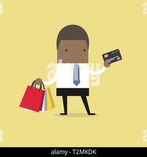 Imprenditore africano con carta di credito e di borse per lo shopping. Illustrazione Vettoriale