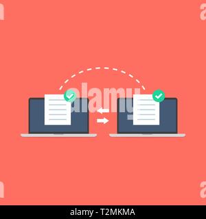 Notebook file transfer. La trasmissione dei dati, i file ftp e ricevitore portatile copia di backup. Documento di migrazione di PC e notebook di rete per la condivisione di file. Illustrazione Vettoriale