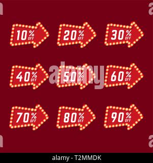Vendita marcatori tag retrò tabellone luminoso con lampade e freccia, vendita percentuale - 10%, 20%, 30%, 40%, 50%, 60%, 70%, 80% e 90%. Illustrazione Vettoriale