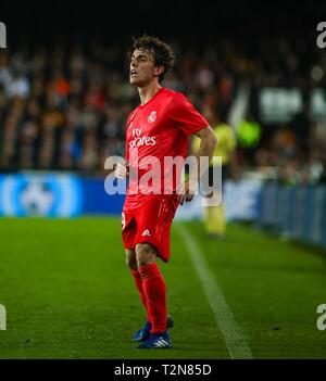 Valencia, Spagna. 3 apr, 2019. Odriozola durante la partita di calcio tra Valencia CF e Real Madrid CF il 3 aprile 2019 a Mestalla stadio a Valencia in Spagna. Credito: CORDON PREMERE/Alamy Live News Foto Stock