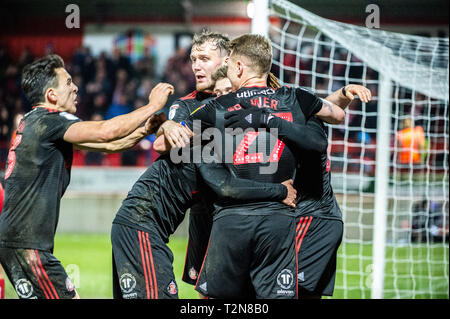 Accrington, Lancashire, Regno Unito. 3 apr, 2019. …………… Durante la scommessa del Cielo lega 1 corrispondenza tra Accrington Stanley e Sunderland al Fraser Eagle Stadium, Accrington mercoledì 3 aprile 2019. (Credit: Ian Charles | Credit: MI News & Sport /Alamy Live News Foto Stock