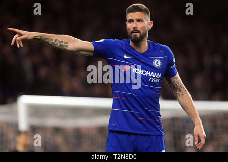 Londra, Regno Unito. 03 apr, 2019. Olivier Giroud del Chelsea guarda a. Premier League, Chelsea v Brighton & Hove Albion a Stamford Bridge di Londra Mercoledì 3 aprile 2019. Questa immagine può essere utilizzata solo per scopi editoriali. Solo uso editoriale, è richiesta una licenza per uso commerciale. Nessun uso in scommesse, giochi o un singolo giocatore/club/league pubblicazioni. pic da Steffan Bowen/ Credito: Andrew Orchard fotografia sportiva/Alamy Live News Foto Stock