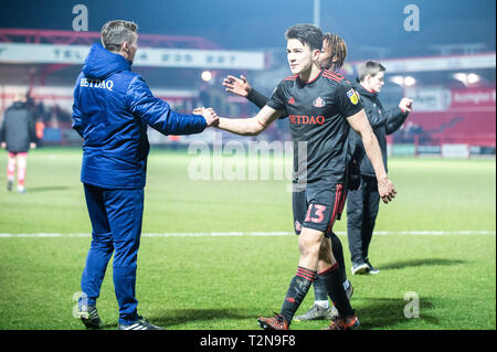 Accrington, Lancashire, Regno Unito. 3 apr, 2019. …………… Durante la scommessa del Cielo lega 1 corrispondenza tra Accrington Stanley e Sunderland al Fraser Eagle Stadium, Accrington mercoledì 3 aprile 2019. (Credit: Ian Charles | Credit: MI News & Sport /Alamy Live News Foto Stock