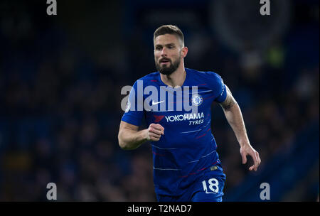 Londra, Regno Unito. 03 apr, 2019. Olivier GIROUD del Chelsea durante il match di Premier League tra Chelsea e Brighton e Hove Albion a Stamford Bridge, Londra, Inghilterra il 3 aprile 2019. Foto di Andy Rowland. Credito: Andrew Rowland/Alamy Live News Foto Stock