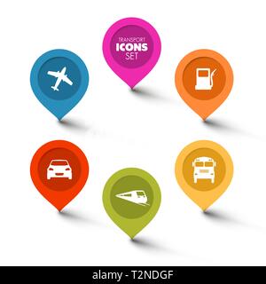 Set di round flat puntatori di trasporto - auto, autobus, treno, aereo, stazione di gas Illustrazione Vettoriale