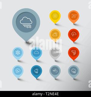 Vettore meteo minimalista linea sottile piatto icona del puntatore impostato Illustrazione Vettoriale