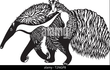 Anteater con un cub sul retro in bianco e nero un grafico illustrazione vettoriale Illustrazione Vettoriale