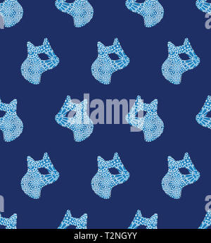 Paisley gatti seamless pattern in nordic design stile riccamente ornato blu gatti con elementi floreali in stile rustico e moderno stile scandinavo llustration Foto Stock