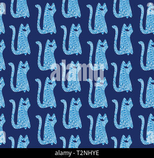 Paisley gatti seamless pattern in nordic design stile riccamente ornato blu gatti con elementi floreali in stile rustico e moderno stile scandinavo llustration Foto Stock