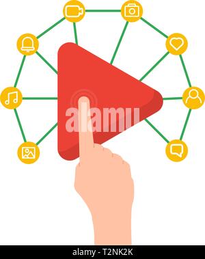 Le reti sociali e la condivisione di informazioni, accesso a vari contenuti, dito preme il pulsante play, social media. La comunicazione online e il collegamento vec Illustrazione Vettoriale