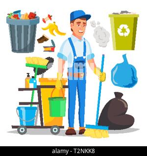 Bidello di vettore di uomo. Il detergente bidello lavoratore in uniforme. Servizio. Illustrazione Illustrazione Vettoriale
