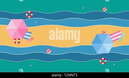 Mare sullo sfondo di spiaggia con ombrelloni, sfere, nuotare anello, occhiali da sole, tavola da surf, , stelle marine. Vista aerea del summer beach in carta tagliata stile. Illustrazione Vettoriale