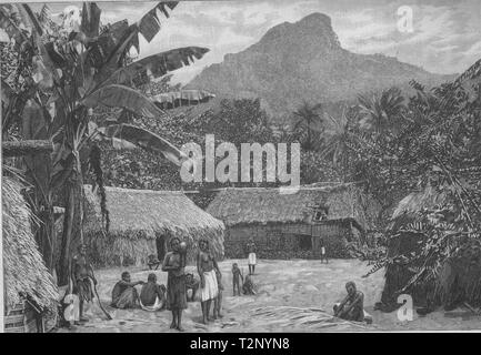 Un villaggio Fijiano vicino a Levuka. Isole Figi 1890 antica vintage delle immagini di stampa Foto Stock