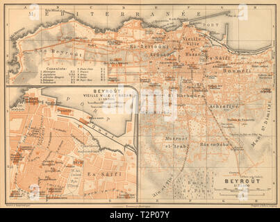 Beirut città antica pianta della città. Old Town & Bazaar. Beirut. Il Libano 1912 mappa Foto Stock