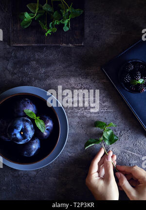 Prugne, more e menta ingredienti su sfondo scuro. Donna che mantiene le foglie di menta. Foto Stock