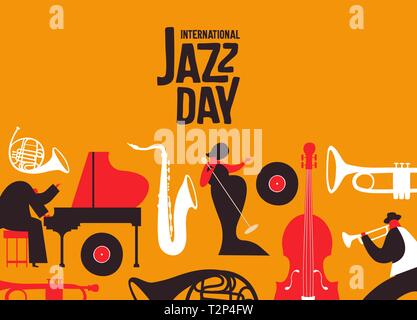 International Jazz day poster illustrazione di stile retrò degli strumenti musicali e la fascia di persone per concerto musicale o festival evento. Illustrazione Vettoriale